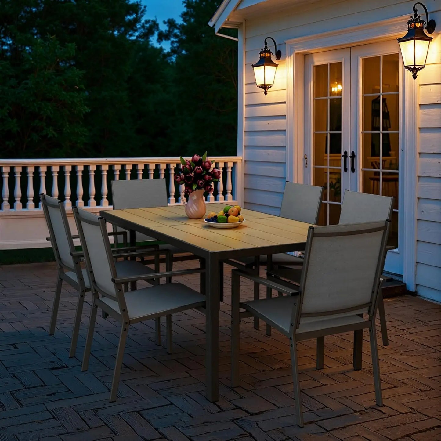 Patio Table and Chairs Set for 6, Outdoor Dining Set Includes 59.5" Rectangle Patio Table with Side Umbrella Hole, Customized