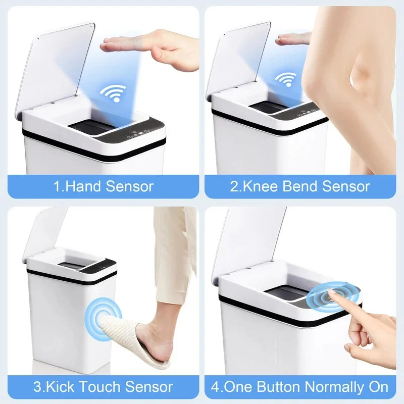 14L Bathroom Automatic Trash Cans Touchless Motion Sensor Slim with Lid for Bathroom Bedroom Living Room Office White