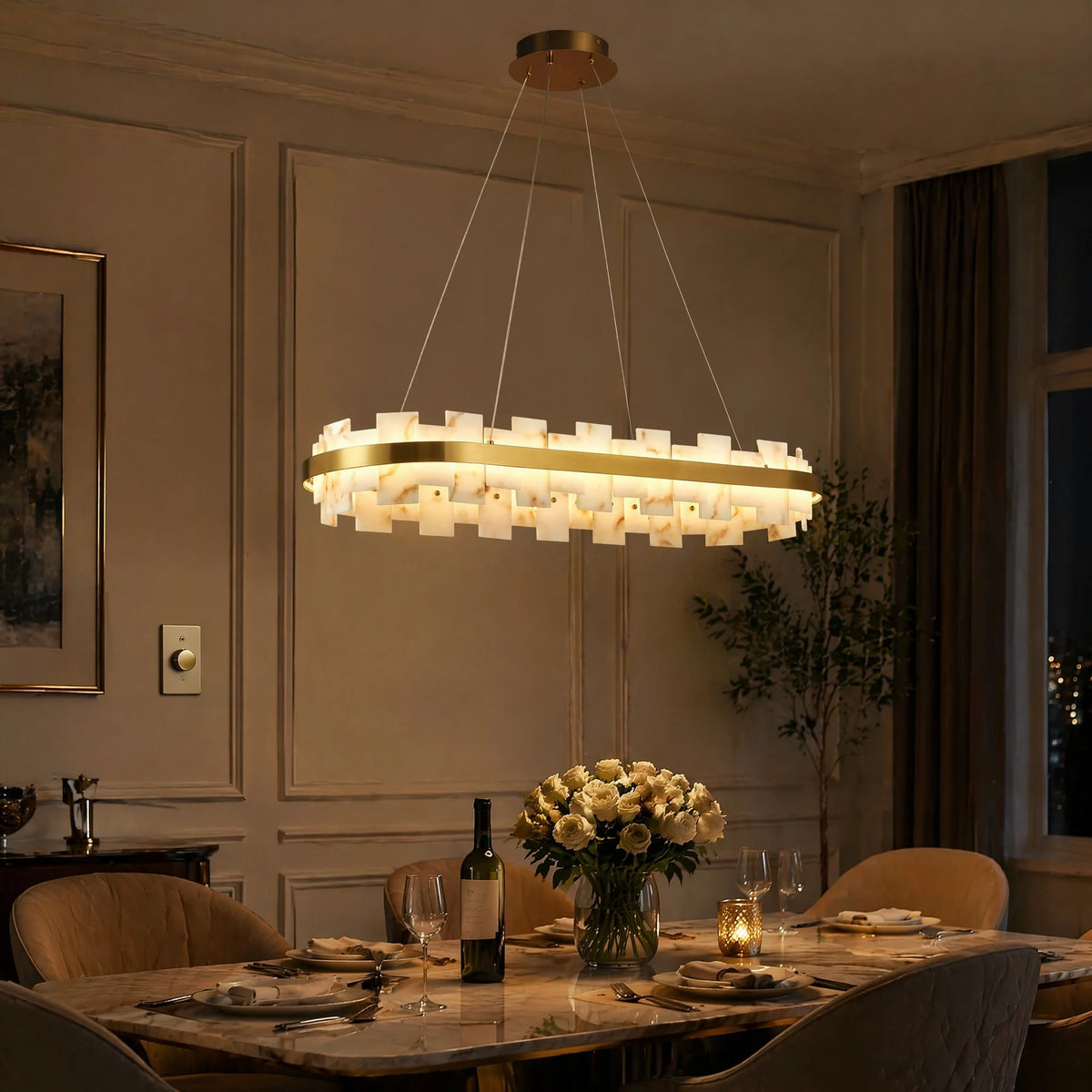 ARLGSITE 37.4" Modern Alabaster Chandelier, Adjustable Oval Stone Pendant Light for Dining Room, Bedroom & Kitchen Island