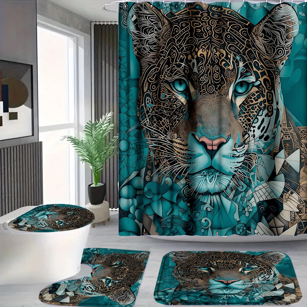 4Pcs Teal Tribal Jaguar Shower Curtain Set with Hooks, Boho Geometric Animal Print Waterproof Mildew Resistant Fabric Bath Mat for Family Bathroom Home Decor