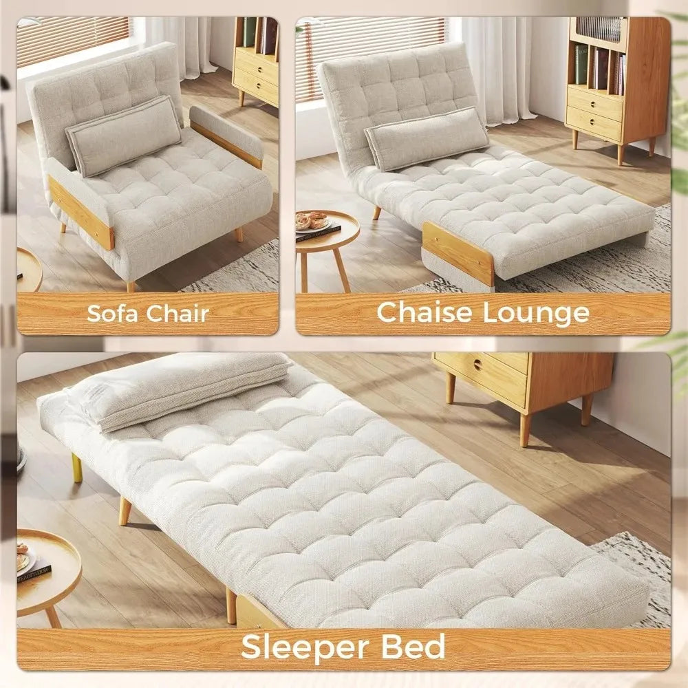 Linen 3-in-1 Convertible Chair Bed Sleeper for Adults Foldable Single Futon with Wooden Arms And Pillows - Comfortable, Customized