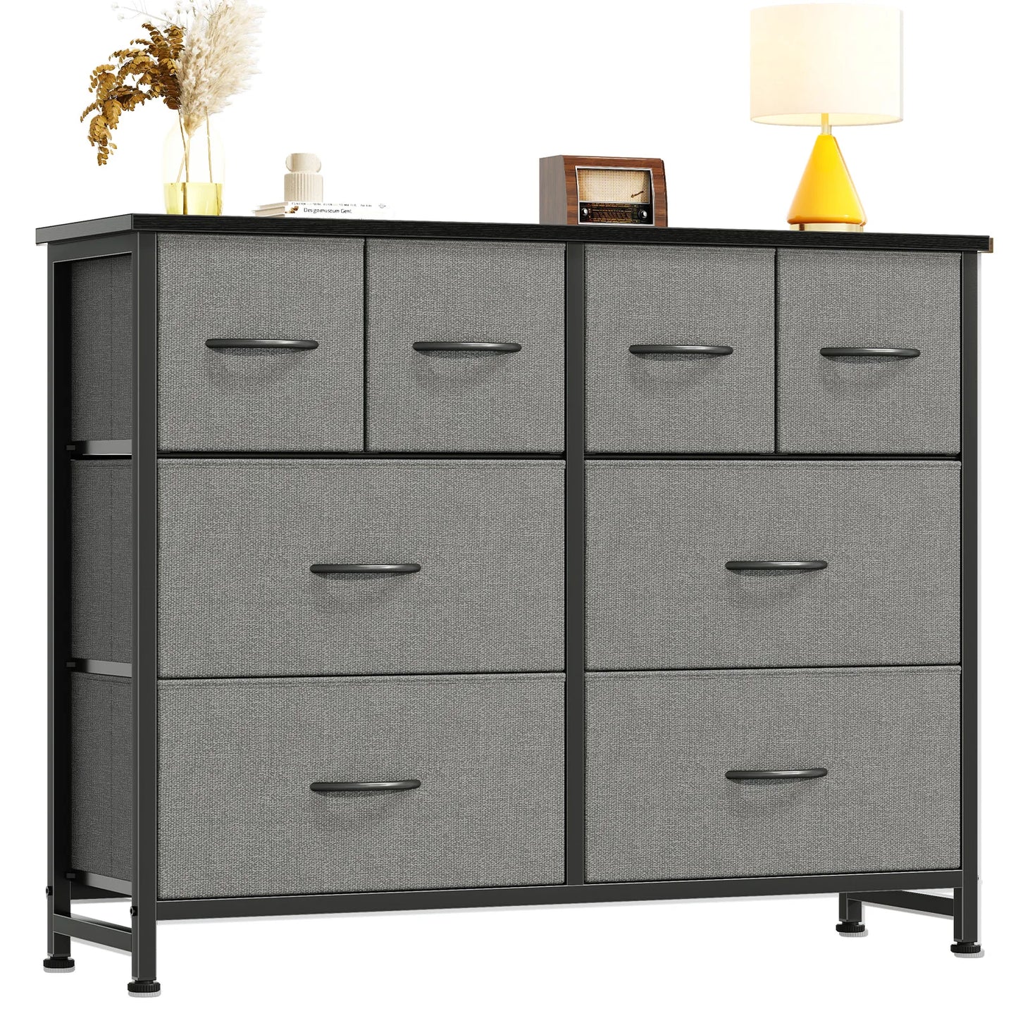 JHK 8 Fabric Drawers Dresser for Living Room Storage Tower with Wood Top and Mental Frame Wide Fabric Dresser for Closet Storage Unit for Entryway