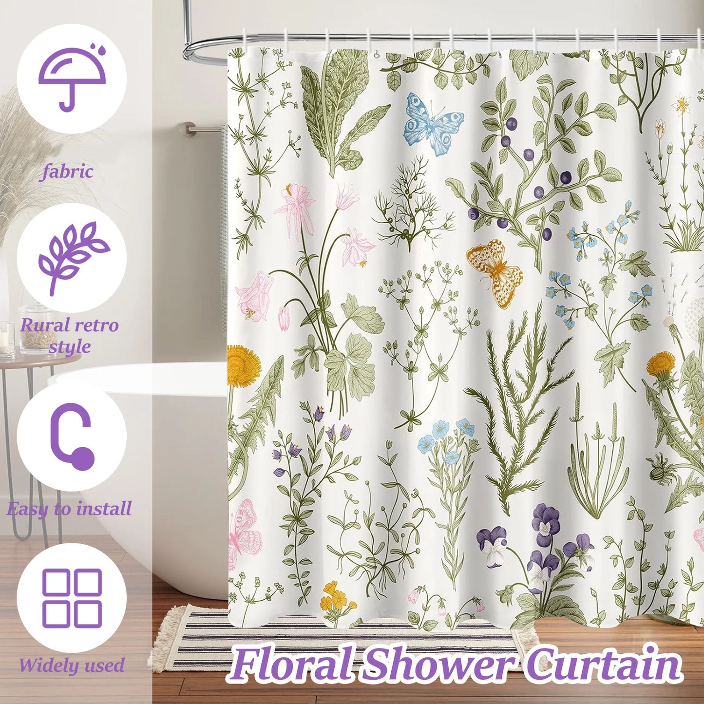 Botanical Leaf Shower Curtain Polyester Bathroom Curtain with Butterfly Floral Print and Hooks Window Decor