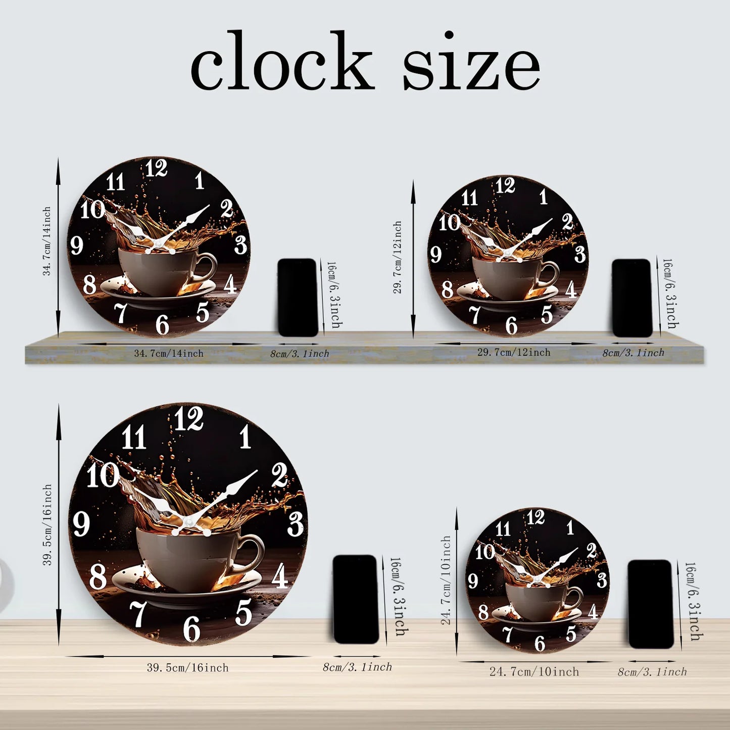 A Stylish Modern Coffee Cup Splash Wooden Wall Clock for Living Room, Bedroom, Kitchen, Home Decoration, Silent Quartz Clock, Holiday Gift, 10 Inches, 12 Inches (No Battery)