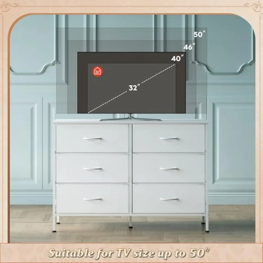 Wide Dresser with 6 Fabric Drawers, TV Stand for 50" TV, Closet Dresser with Metal Frame, Wooden Top, Fabric Dressers for Bedroom