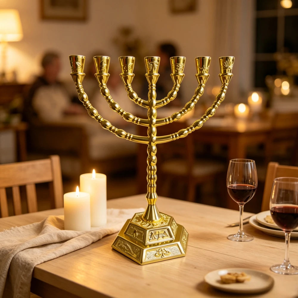 1PC Hanukkah Religious Menorah Golden Zinc Alloy 7 Arm Candlestick Embossed Hexagon Base Jewish Altar Display Souvenir Ornament