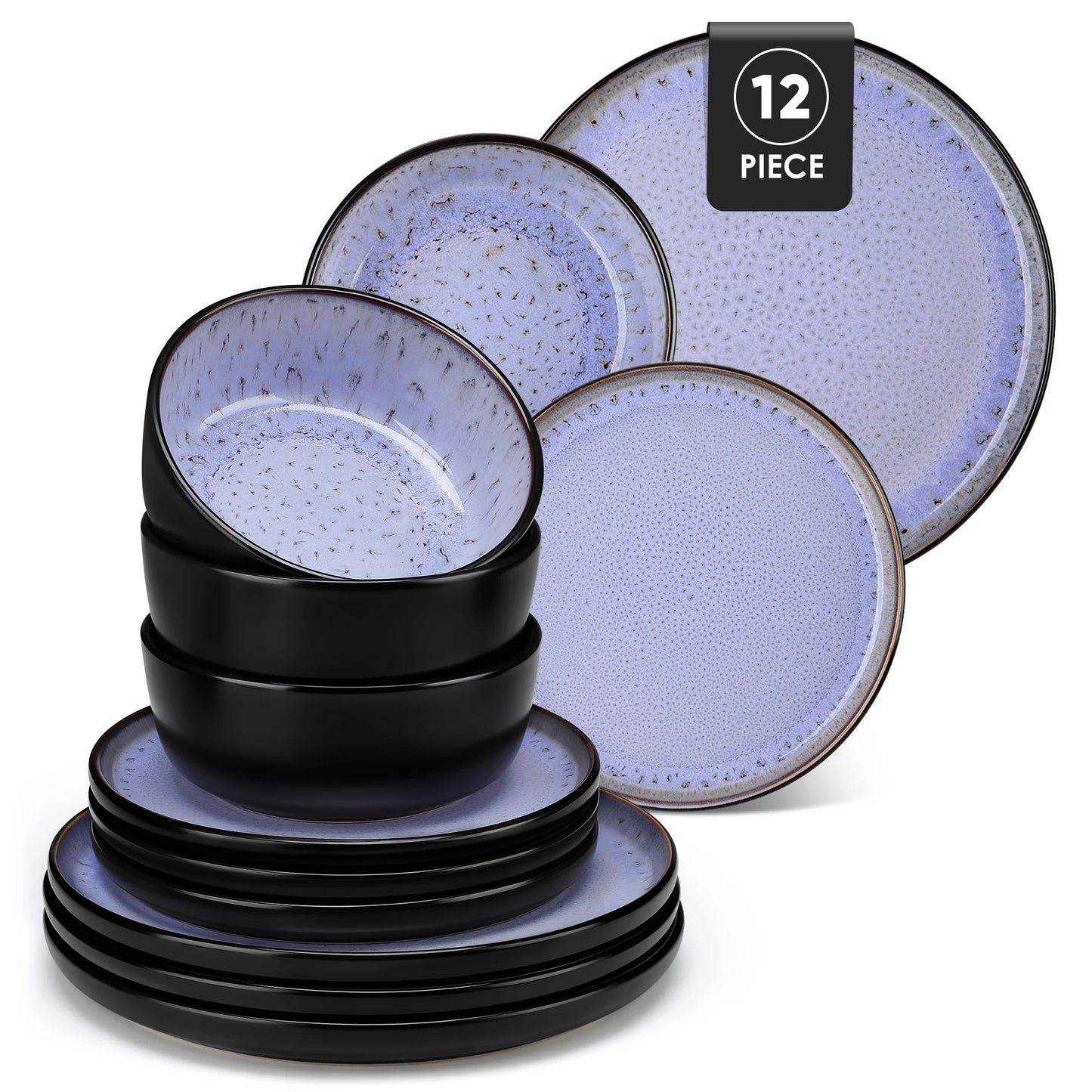 vancasso AMBER 12/16 Piece Ceramic Dinnerware Set Matte Black Stoneware Plats Set with 4/6 pcs Dinner Plate/Dessert/Bowl/Soup