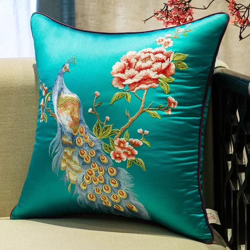 New Chinese Style Embroidered Bird Cushion Cover Living Room Sofa Waist Pillow Luxurious Classical Bed Head Silk Pillowcase