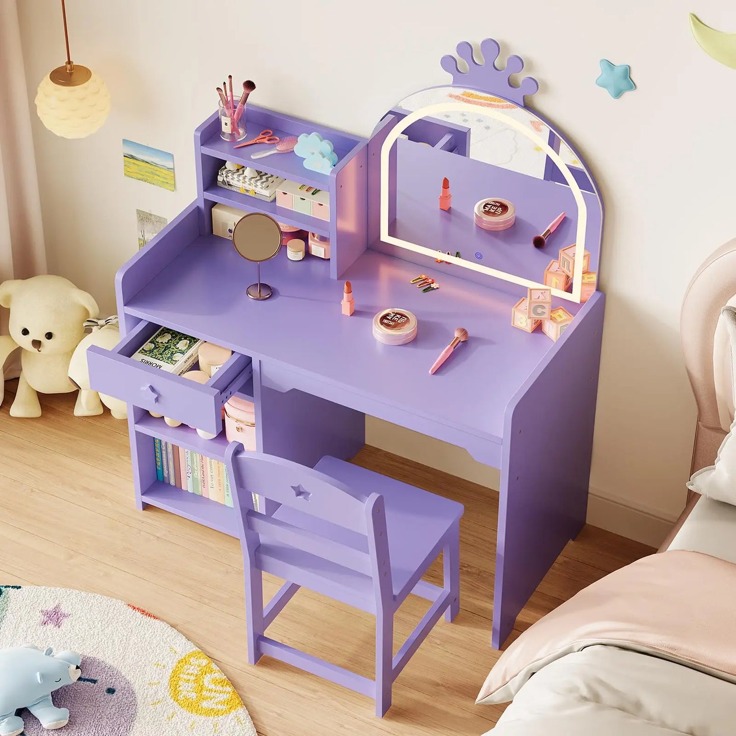 LED Crown Mirror Kids Vanity Table & Chair Set - Storage Cabinet, Open Bookshelf, Drawer, 2-in-1 Princess Makeup Desk, Easy Assembly, Bedroom or Playroom Furniture