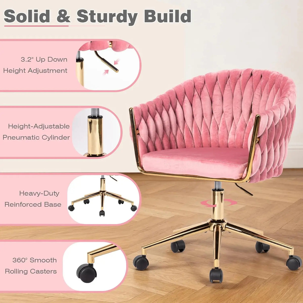 Cute Fabric Rolling Chair Vanity Office Desk Chair with Back Wheel Pink, Customized