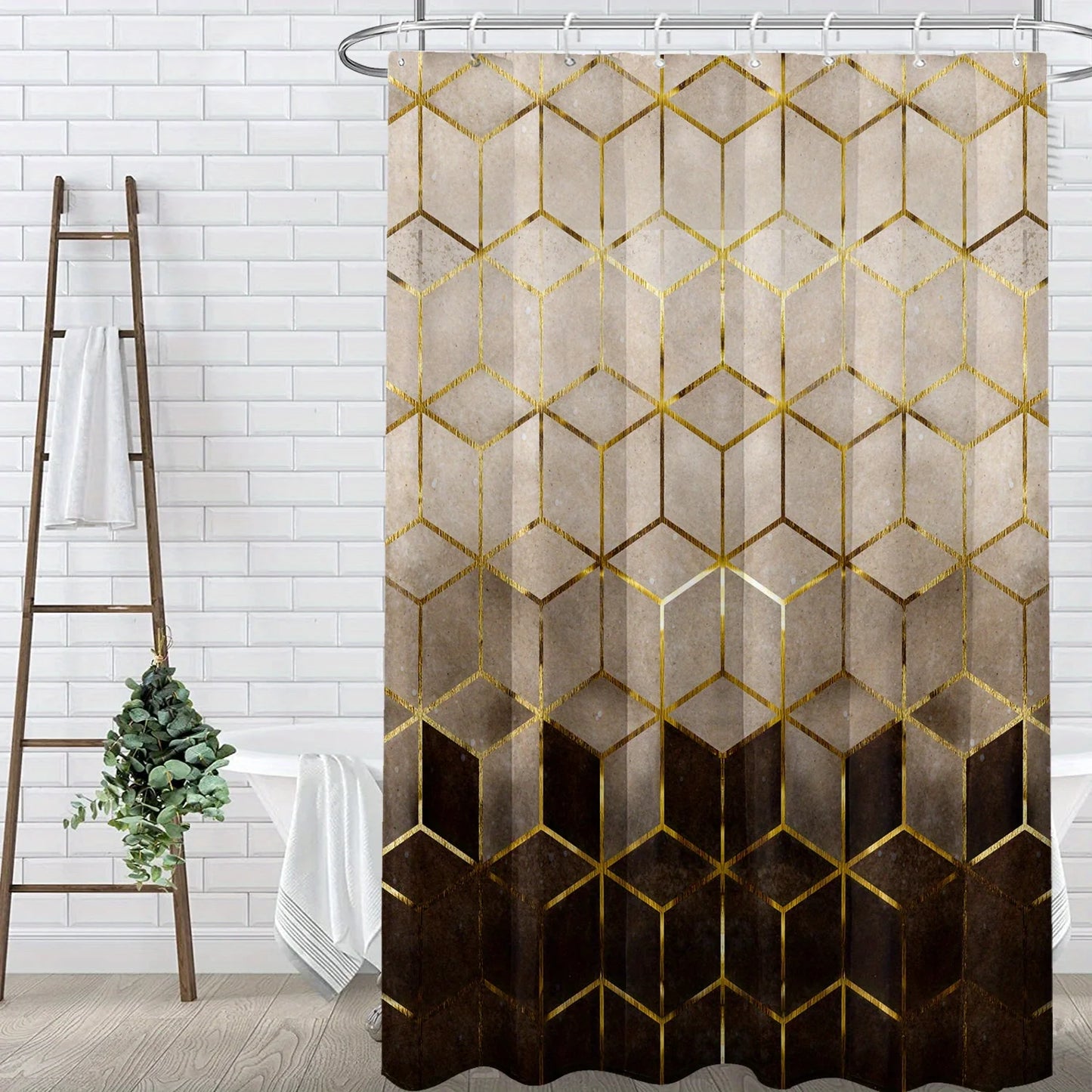 Shower Curtain 1pc Golden Brown Gradient Geometric Grid Abstract Pattern Printed Polyester Fabric Waterproof Mildew Resistant Washable Bathroom Hanging Drapery Tub Window Wall Luxury Decoration Home Supplies Multi Sizes Thank