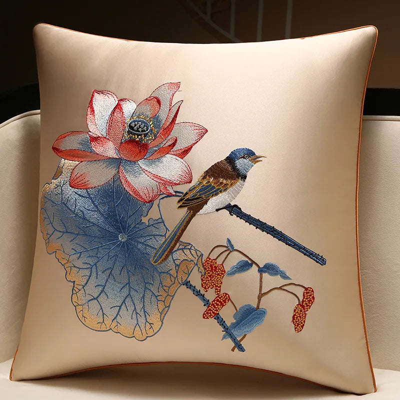 New Chinese Style Embroidered Bird Cushion Cover Living Room Sofa Waist Pillow Luxurious Classical Bed Head Silk Pillowcase