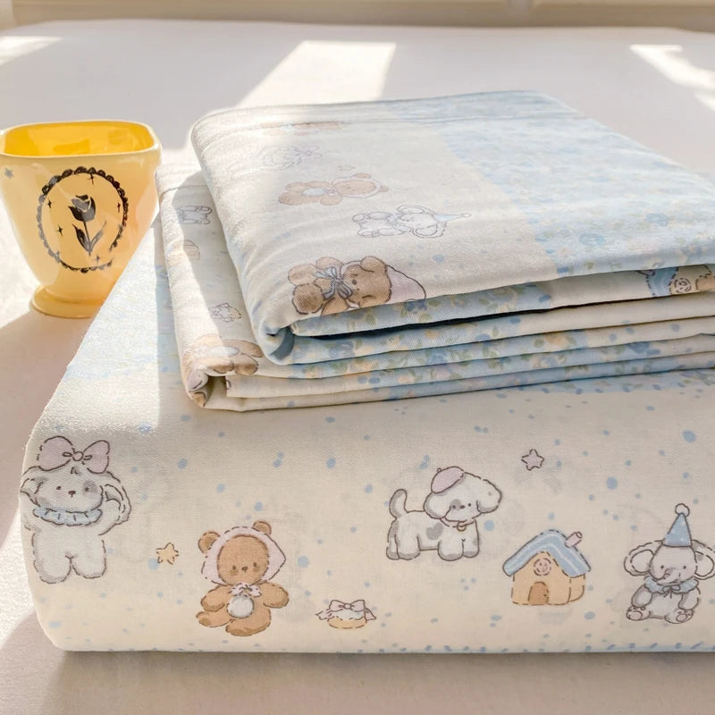 All Season Comfort 100% Cotton Flat Sheet , Soft Breathable Cute Cartoon Print Top Sheet, Wrinkle Resistant Fade Resistant