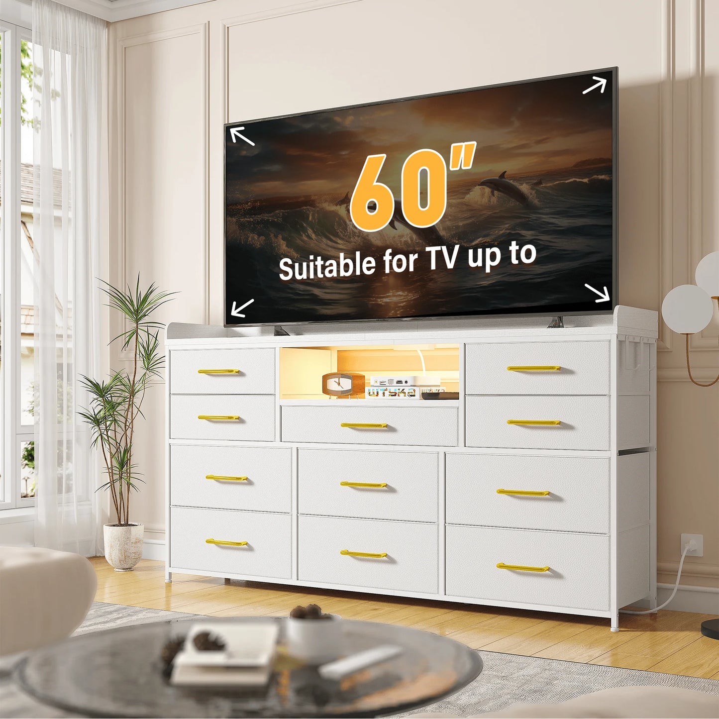 60" TV Stand with 11 Drawers – LED Lighting, Power Outlets, White Dresser with Shelves & 5 Hooks – For Bedroom, Dorm, Hallway