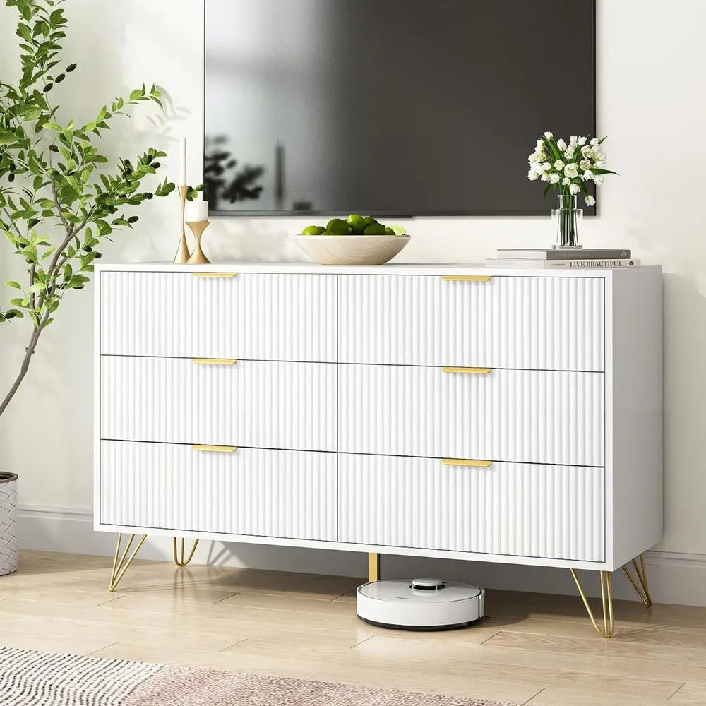 White 6-Drawer Wooden Dresser for Bedroom, Living Room, Hallway, and Entryway