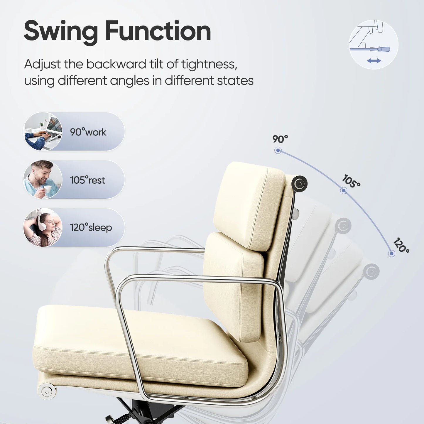 Mid Back White Soft Pad Office Chair Genuine Leather Executive Desk with Lumbar Support Ergonomic Computer Chair