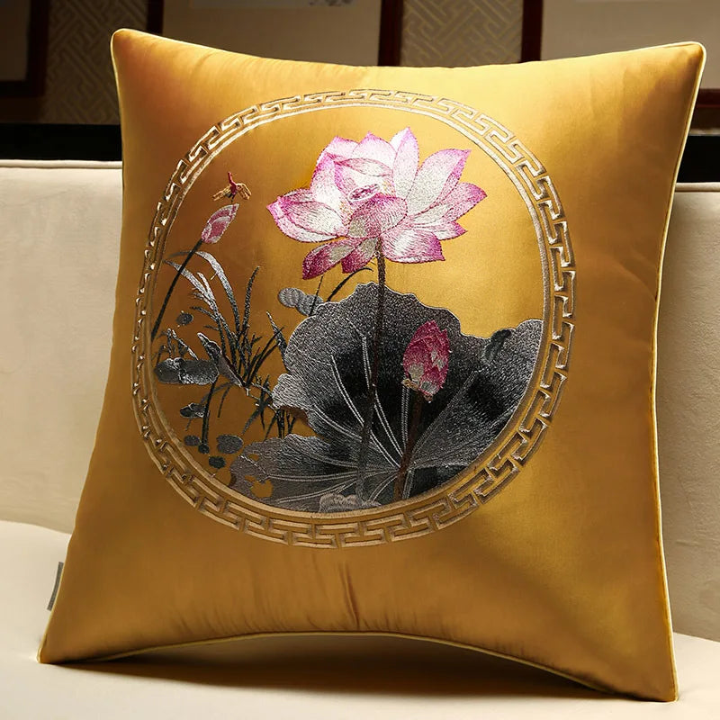New Chinese Style Embroidered Bird Cushion Cover Living Room Sofa Waist Pillow Luxurious Classical Bed Head Silk Pillowcase