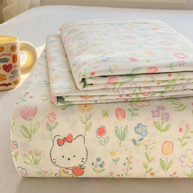 All Season Comfort 100% Cotton Flat Sheet , Soft Breathable Cute Cartoon Print Top Sheet, Wrinkle Resistant Fade Resistant