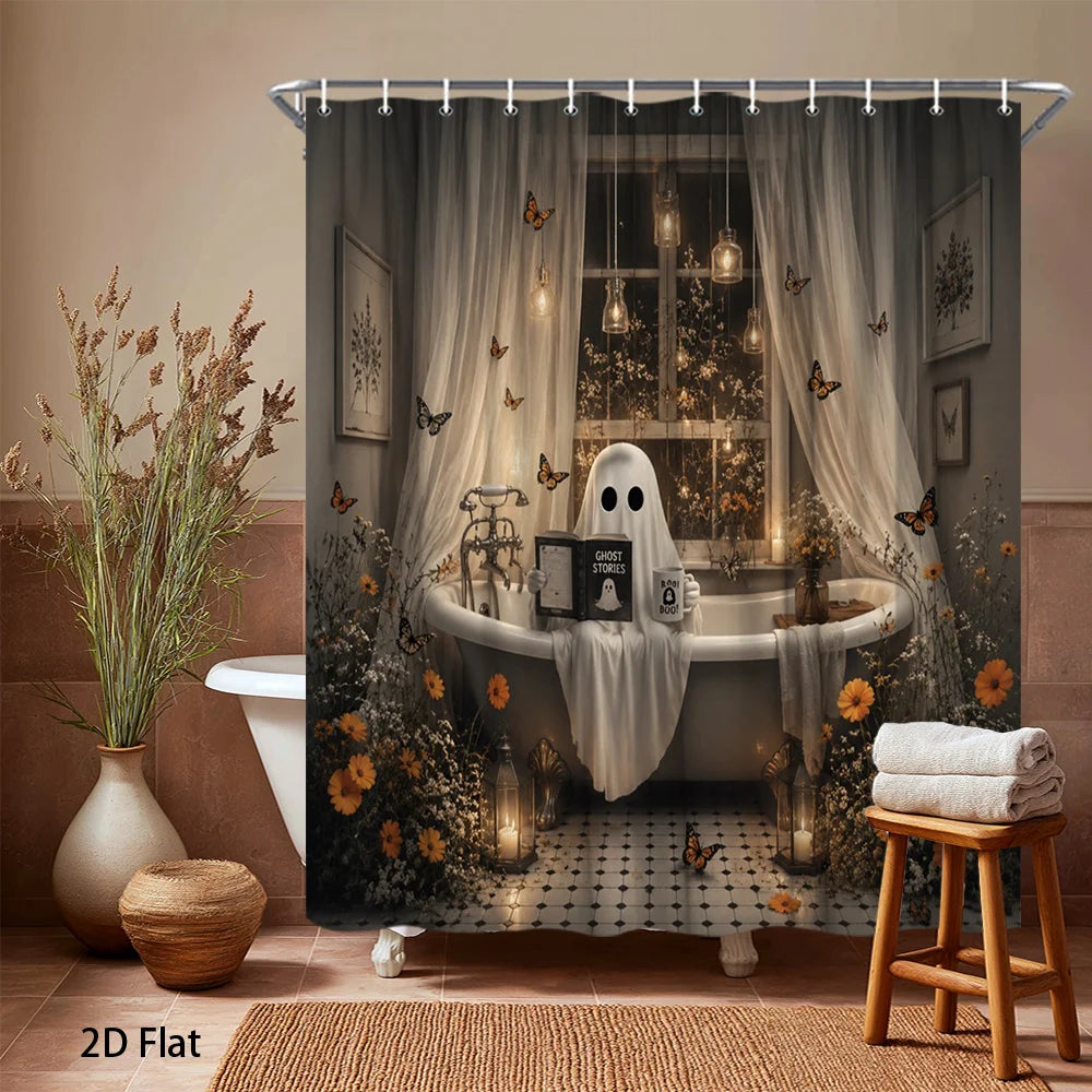 2D Flat, 1pc 2D Large-Sized Shower Curtain with Halloween Ghost Theme, Polyester Fabric Bathroom Decoration, Bathtub Partition