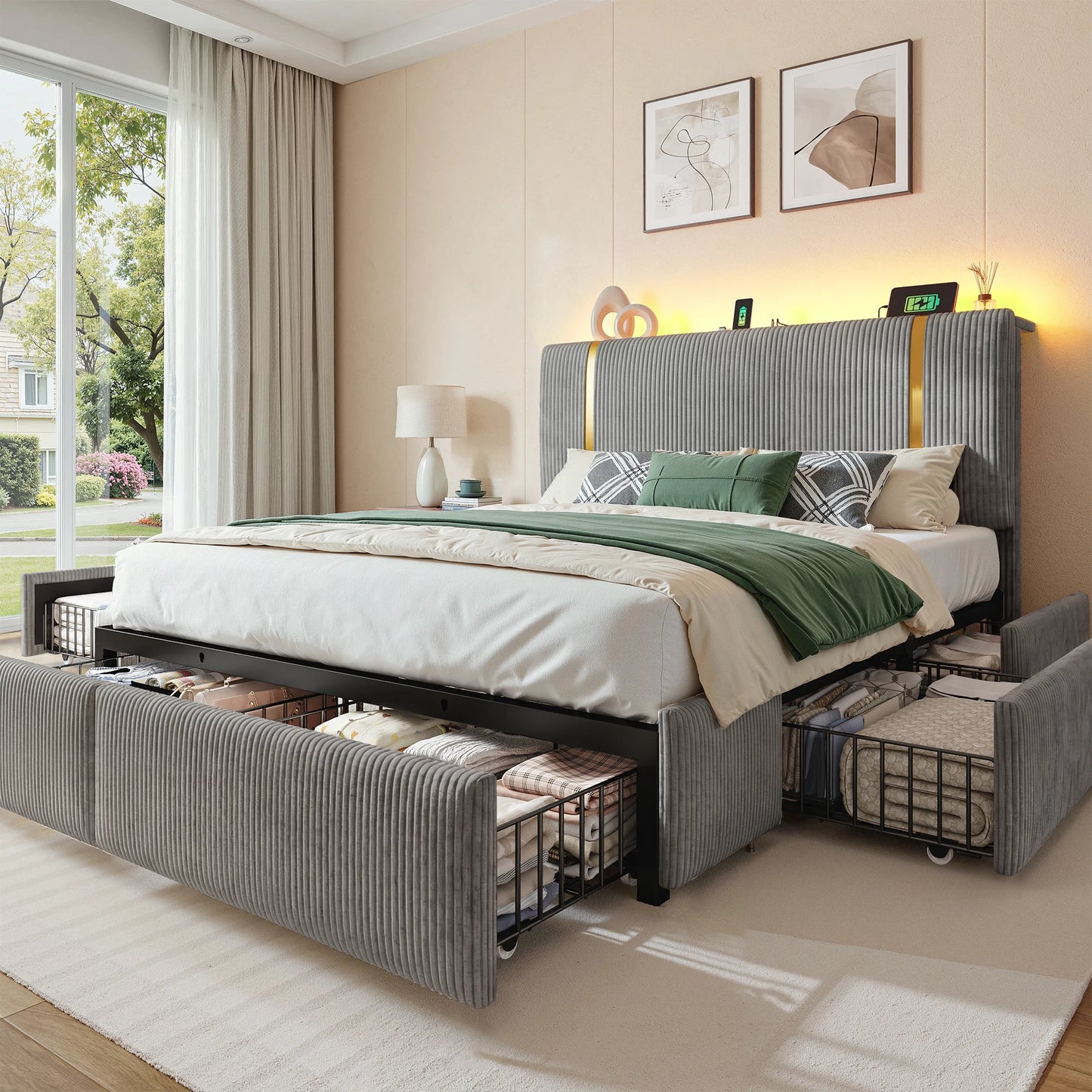 EnHomee Bed Frame with 6 Storage Drawers, Soft Upholstered Bed Frame with LED Light & Charging Station, Adjustable Tall Corduroy Headboard