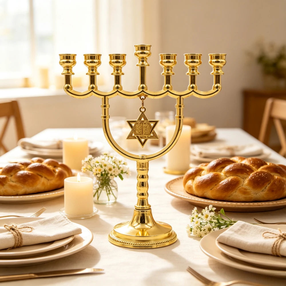 1PC Jewish 7 Branch Menorah Gold Zinc Alloy Candlestick with Star of David Religious Candle Holder for Hanukkah Home Decor