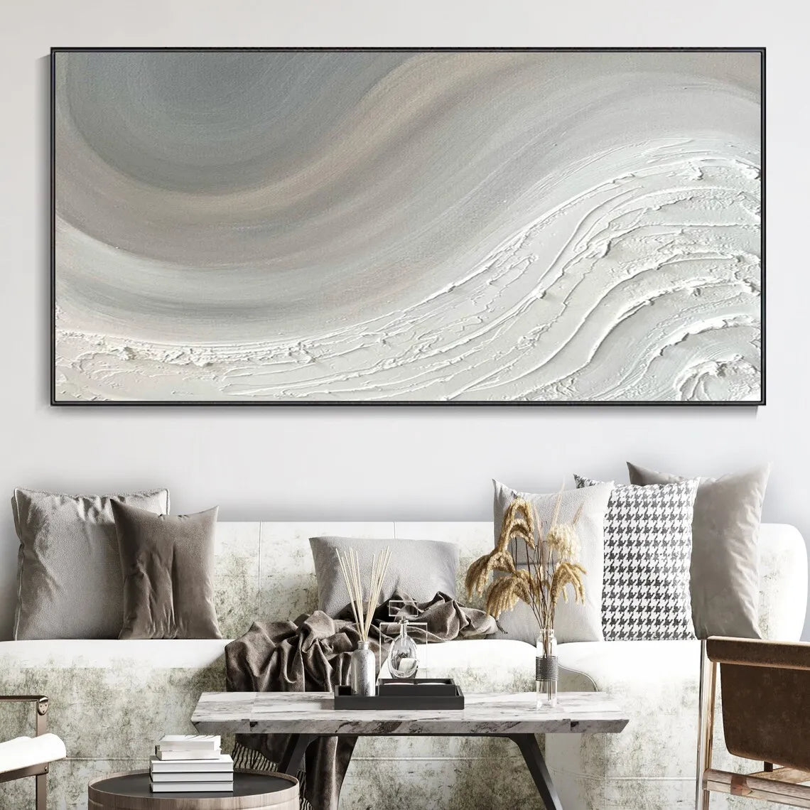 Large Sea Canvas Oil Painting Handmade Blue Sea Landscape Abstract White Wave Painting Textured Sea Painting Living Room Decor