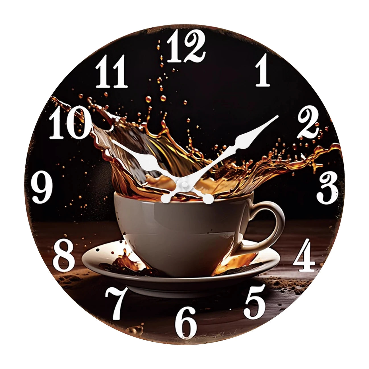 A Stylish Modern Coffee Cup Splash Wooden Wall Clock for Living Room, Bedroom, Kitchen, Home Decoration, Silent Quartz Clock, Holiday Gift, 10 Inches, 12 Inches (No Battery)