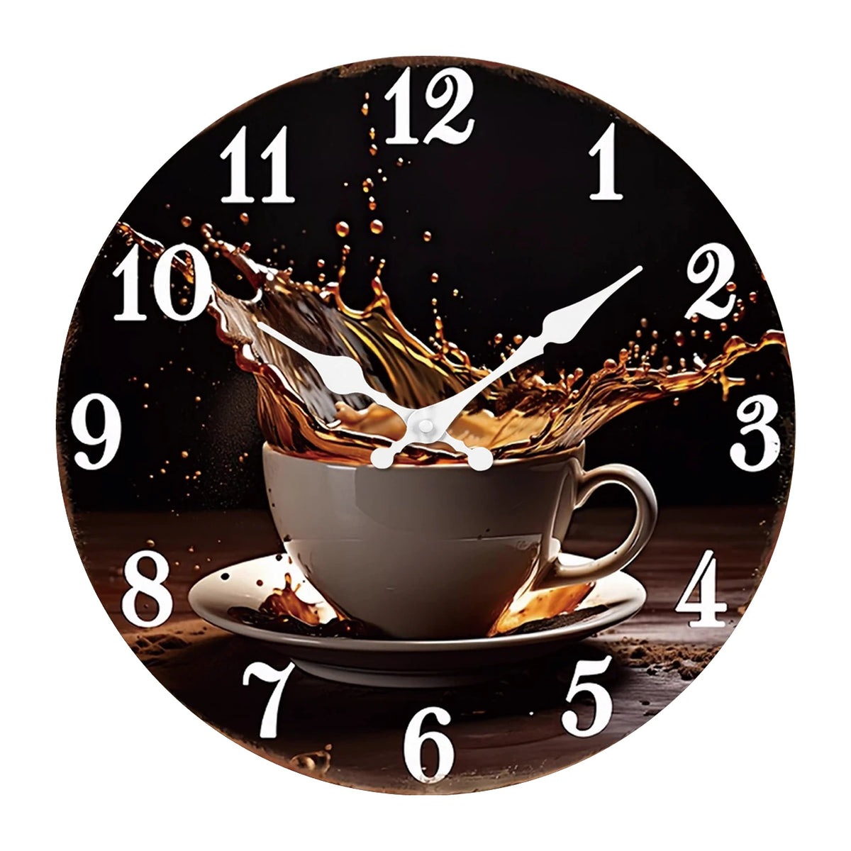 A Stylish Modern Coffee Cup Splash Design Wooden Wall Clock for Living Room, Bedroom, Kitchen, Home Decor, Silent Quartz Clock, Holiday Gift, 10 Inches, 12 Inches, 14inch, 16inch (Battery Not Included)