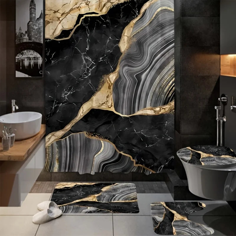 1or4 Piece Black Marble Shower Curtain Set - Modern Abstract Texture Bathroom Decor - Washable Fabric Curtain - Rugs and Cover