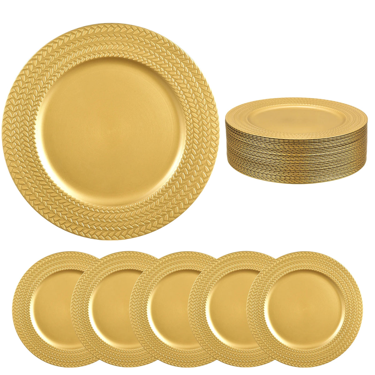 Set of 50 Gold Charger Plates 9 Inch Plastic Reusable Decorative Dinner Chargers, Antique Gold Round Serving Plates with Olive Leaf Pattern Embossed Rim, Heavy Duty Table Chargers for Wedding Party Banquet Christmas Table Set