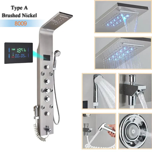 Luxury Bathroom Shower Panel Waterfall Rainfall Shower Head Hot Cold Mixer Tap Bidet Faucet with Handshower Massage Jets Spout