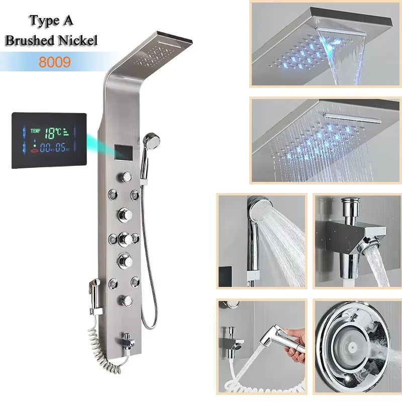 Luxury Bathroom Shower Panel Waterfall Rainfall Shower Head Hot Cold Mixer Tap Bidet Faucet with Handshower Massage Jets Spout