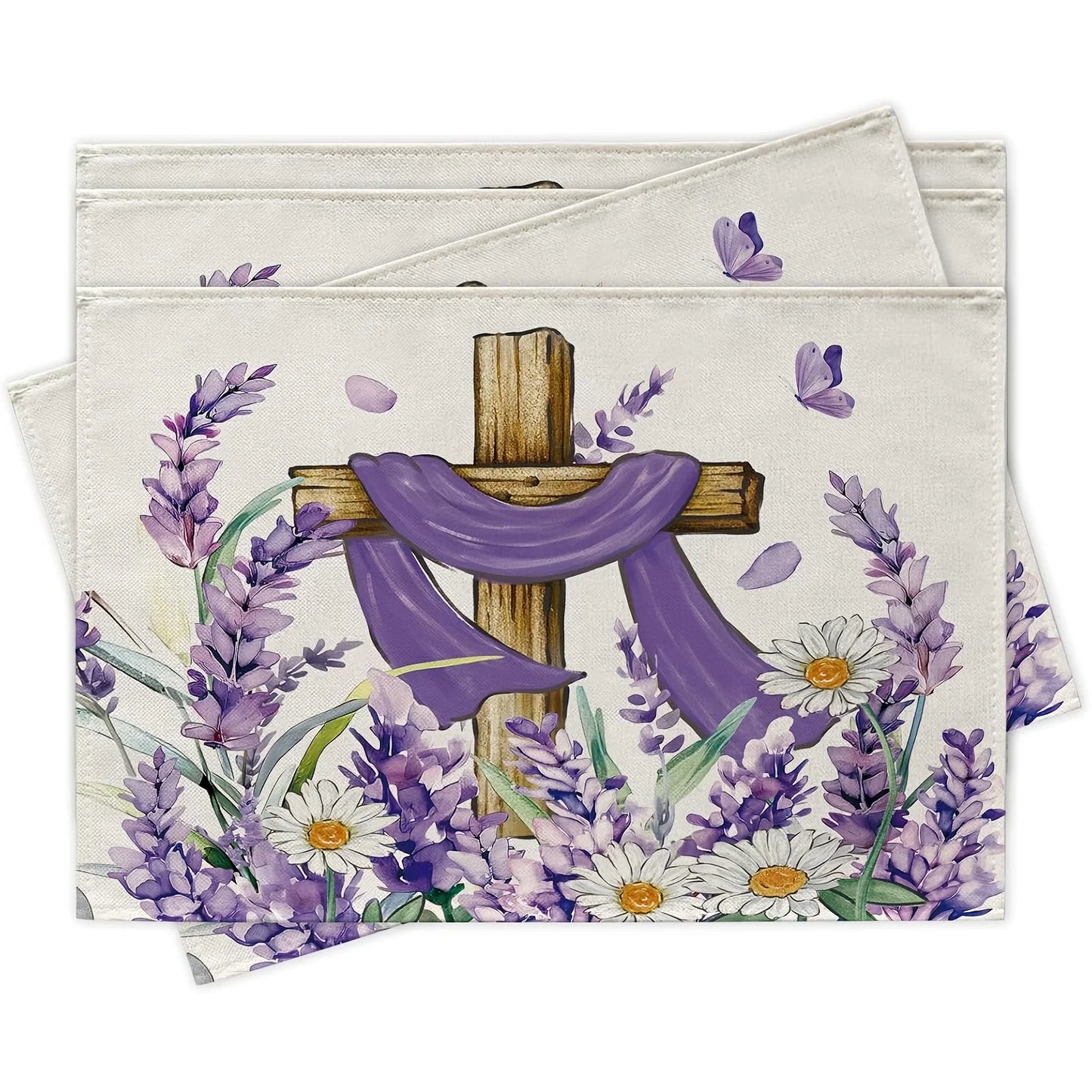 4pcs, Placemats, Easter Religious Cross Flower Pattern Table Mats Set, Spring Summer Lavender Daisy Floral Faith Christian Dining