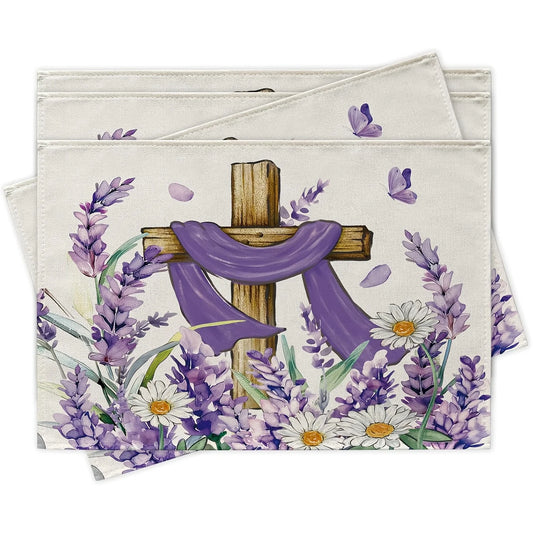 4pcs, Placemats, Easter Religious Cross Flower Pattern Table Mats Set, Spring Summer Lavender Daisy Floral Faith Christian Dining