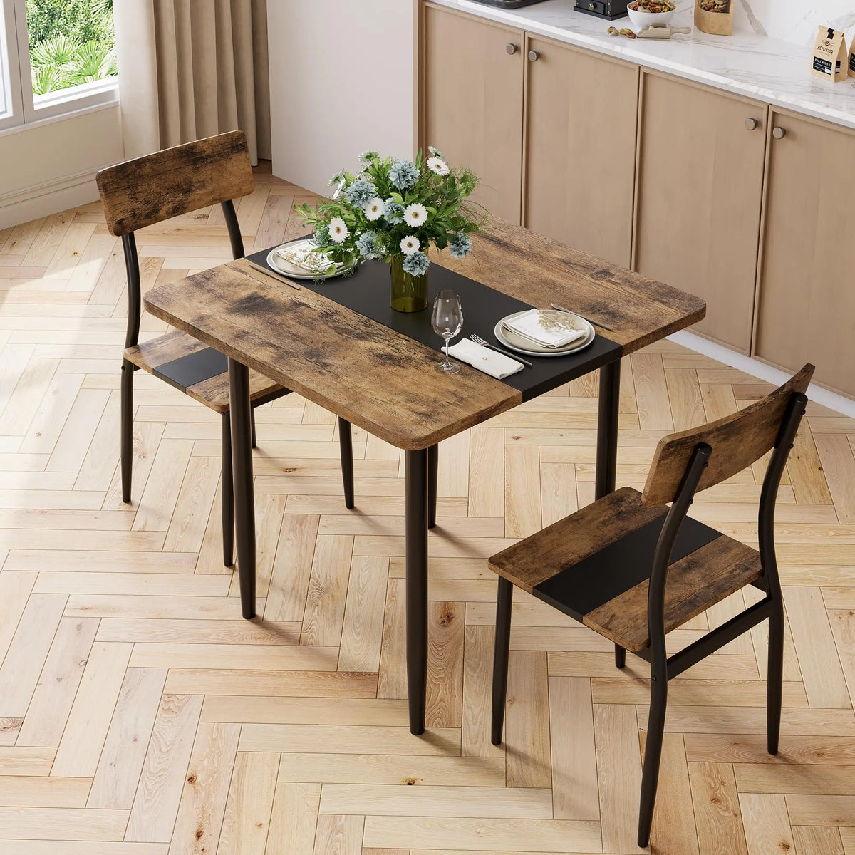 3-Piece Dining Table Set For 2, Small Kitchen Table With 2 Chairs, Two-Tone MDF Top, Metal Frame, Space Saving Apartment Dining