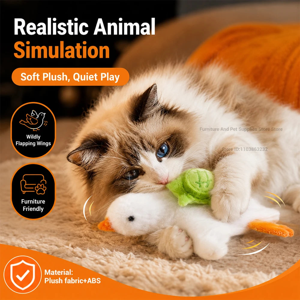 Interactive cat toy: motorized realistic duck with quacking sounds and flapping wings; plush chew toy for puppies and kittens