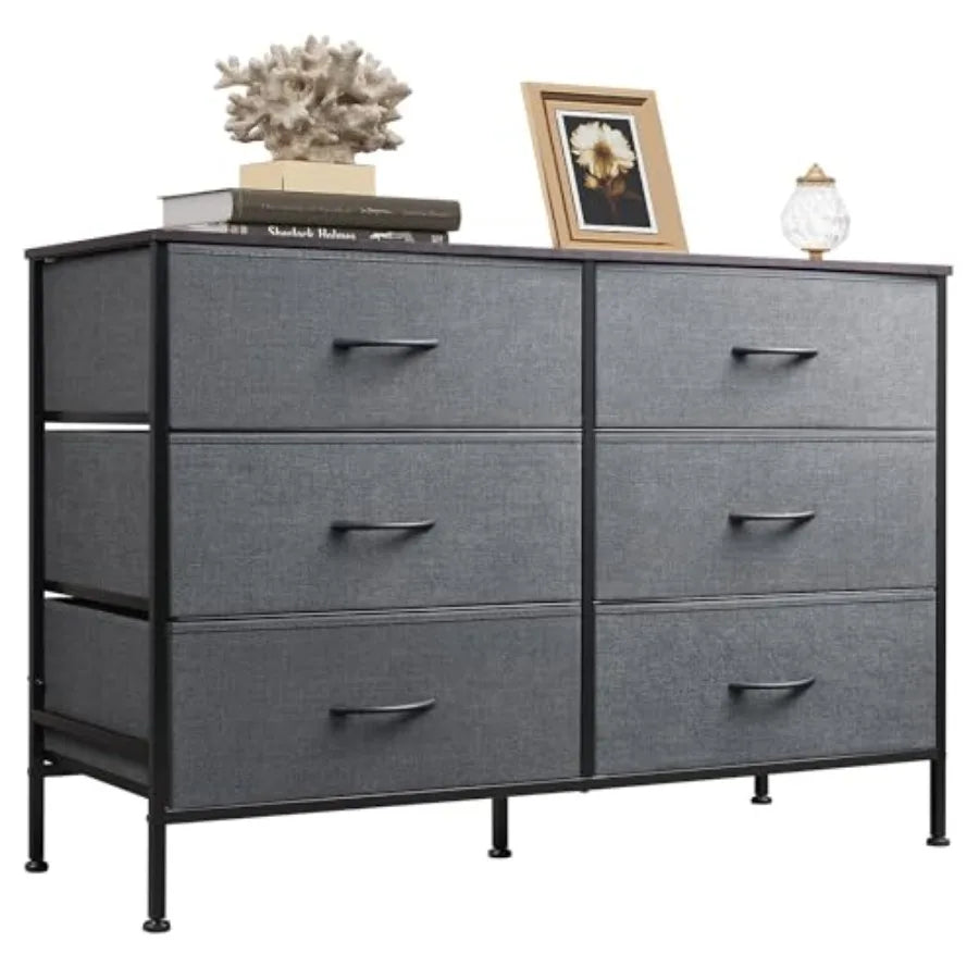 Wide Dresser with 6 Fabric Drawers, TV Stand for 50" TV, Closet Dresser with Metal Frame, Wooden Top, Fabric Dressers for Bedroom