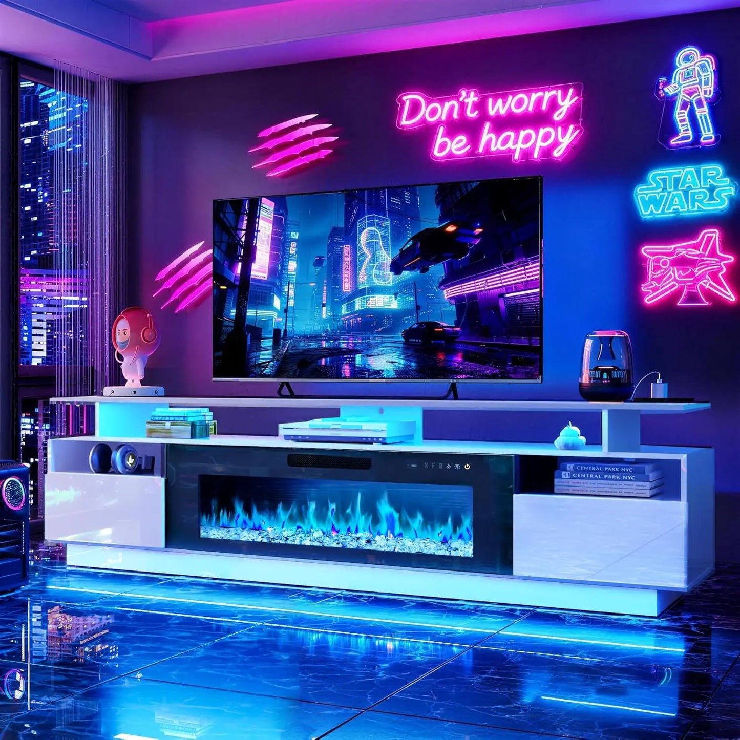 70" Fireplace TV Stand with 36" Electric Fireplace Entertainment Center with Charging Station and LED Light Console, Custom