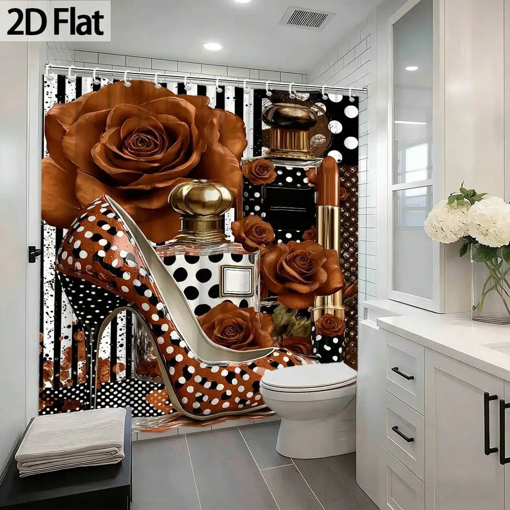 2D Flat, 1pc 2D Flat Shower Curtain with Rose Floral Pattern, Paired with Black and White Polka Dots and High Heels