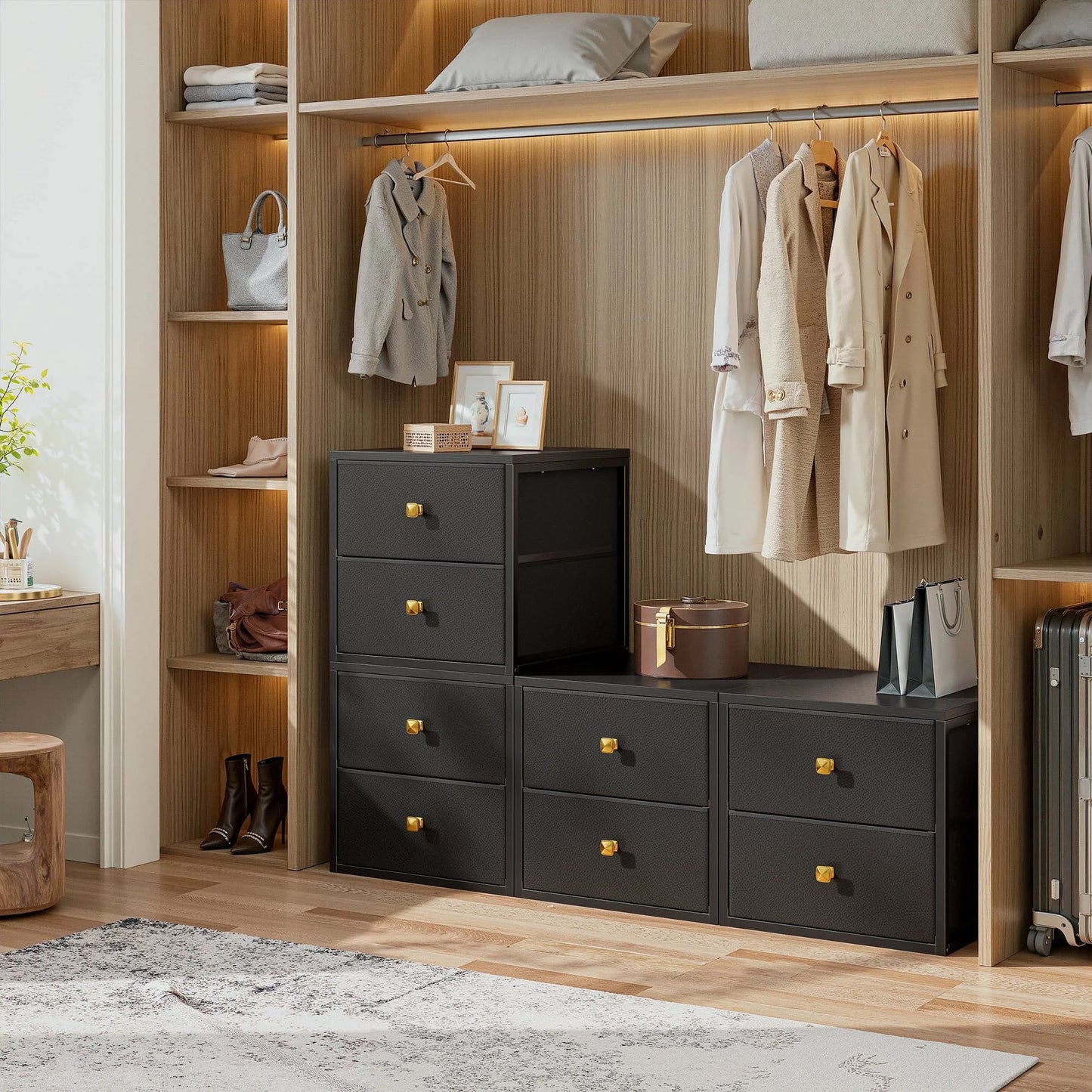 Freestanding 4-Drawer Stackable Storage – Fabric Drawers, Wood Top, Metal Frame – 22 LBS per Drawer – Ideal for Bedroom, Under-Bed, Closet, or Dorm