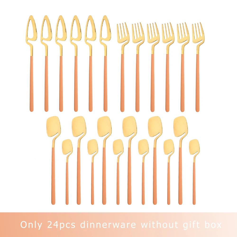 24Pcs Black Dinnerware Set 18/10 Stainless Steel Tableware Set Fork Knife Spoon Cutlery Set Gift Box Flatware Dishwasher Safe