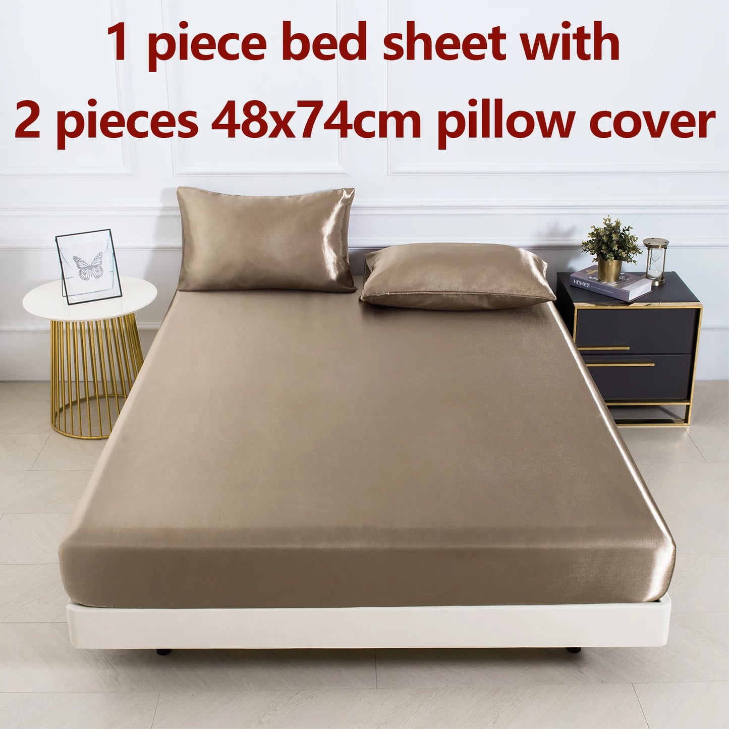 3pc Solid Color Fitted Sheet Set 1 bed sheet with 2 pillow cover Satin Fabric Soft Comfortable Breathble Bedding Set for Bedroom