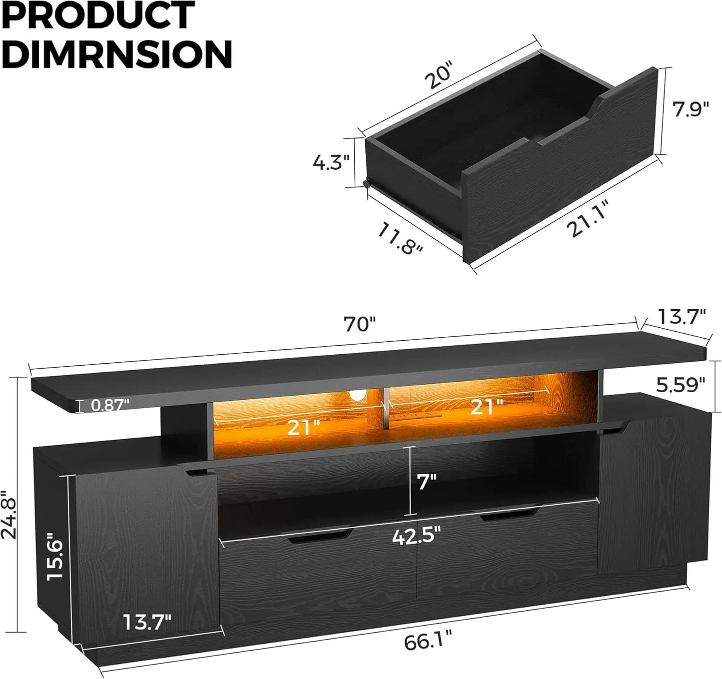 IRONCK TV Stand for TVs 85 inch with Power Outlet&LED Lights,Entertainment Center with Storage Cabinets&Drawers for Living Room