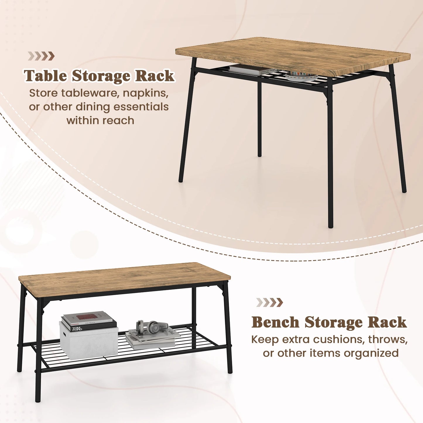 Dining Table Set for 4 Dining Room Kitchen Table w/ Bench 2 Chairs 4-Piece Set