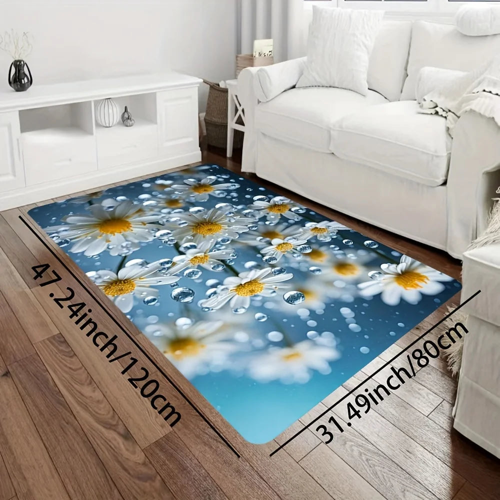 3D Daisy Flower Kitchen Runner Rug, Realistic White Chamomile with Water Droplets Non-Slip Absorbent Floor Mat for Entryway