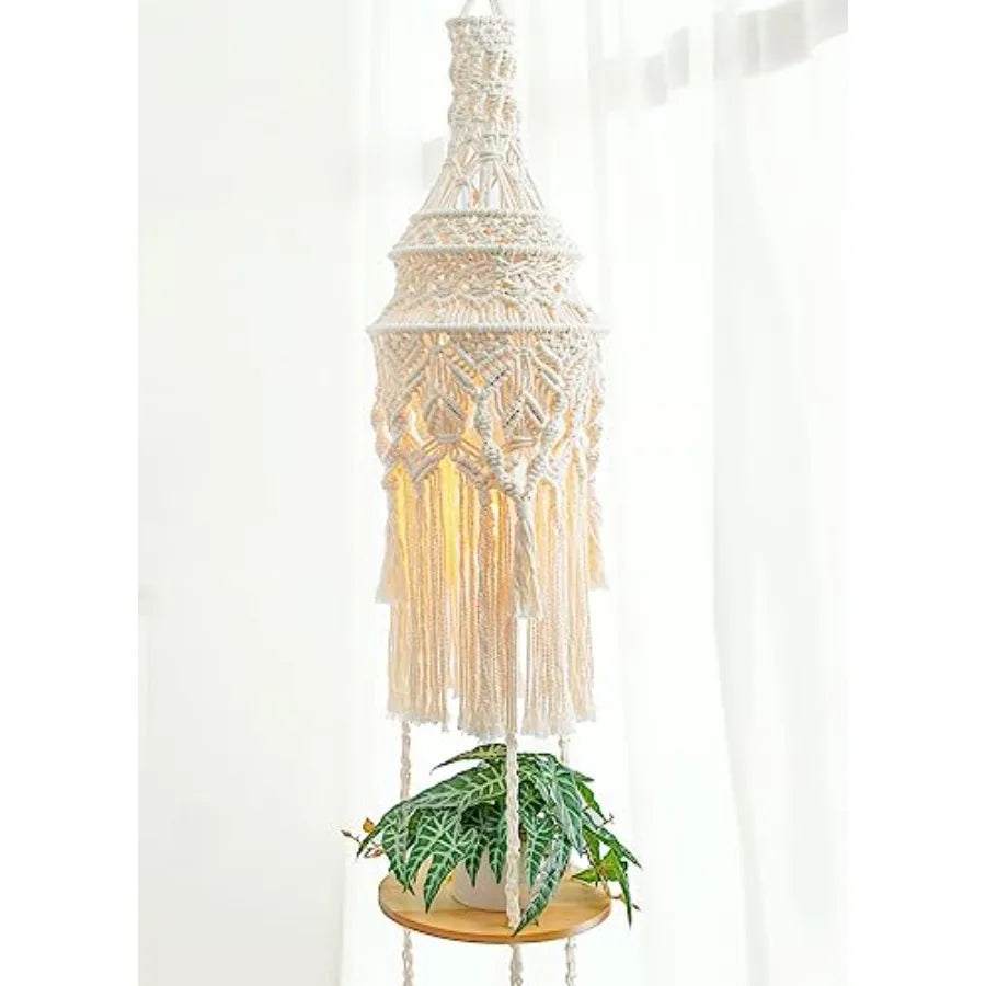 3-Tier Cotton Macrame Hanging Light Fixture Shelf, Boho Corner Pendant Lamp Shade Shelves, Farmhouse Ceiling Plant Hanger Indoor