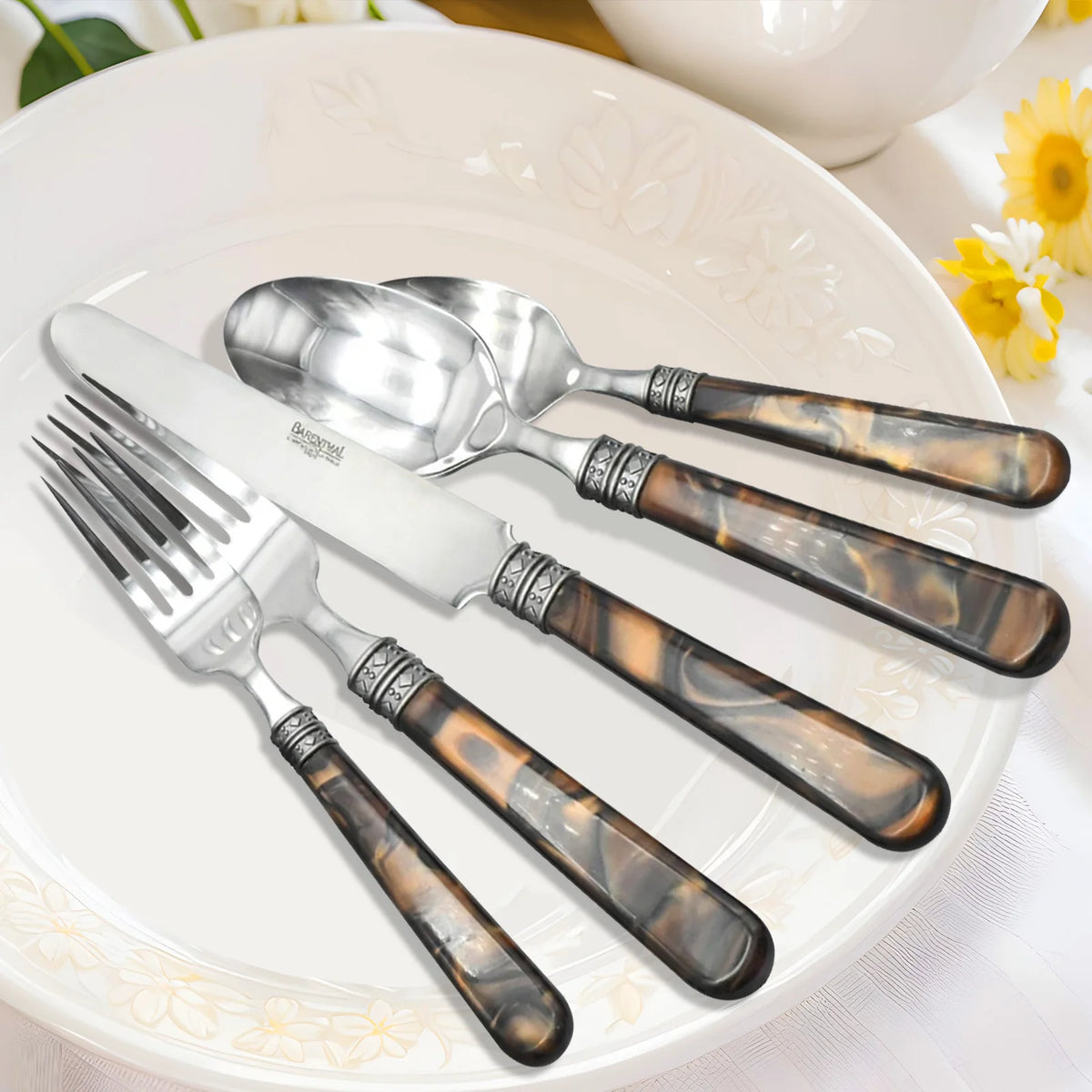Barenthal Tortue Sandstone Handle Flatware Set 20Pcs Stainless Steel Cutlery Set Vintage Marble Pattern Dinner Fork Knife Spoon Tableware Restaurant Home Dinner Party Steak Dessert Silverware