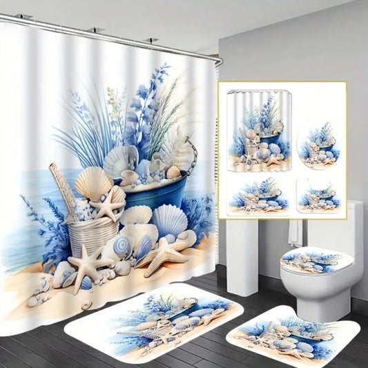 1/3/4pcs Vintage Elegant 3D Shell Starfish Print Bathroom Set, Decorative Bathroom Set Includes Waterproof Shower Curtain