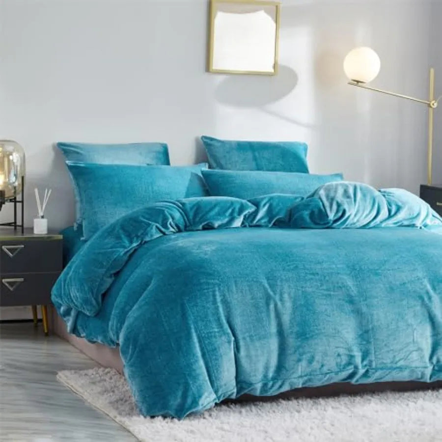 Fluffy Velvet Duvet Cover Set Turquoise Blue Size Fall Winter Soft Warm Flannel Comforter Cover 90" x 90" Luxury Cozy Plush Fle