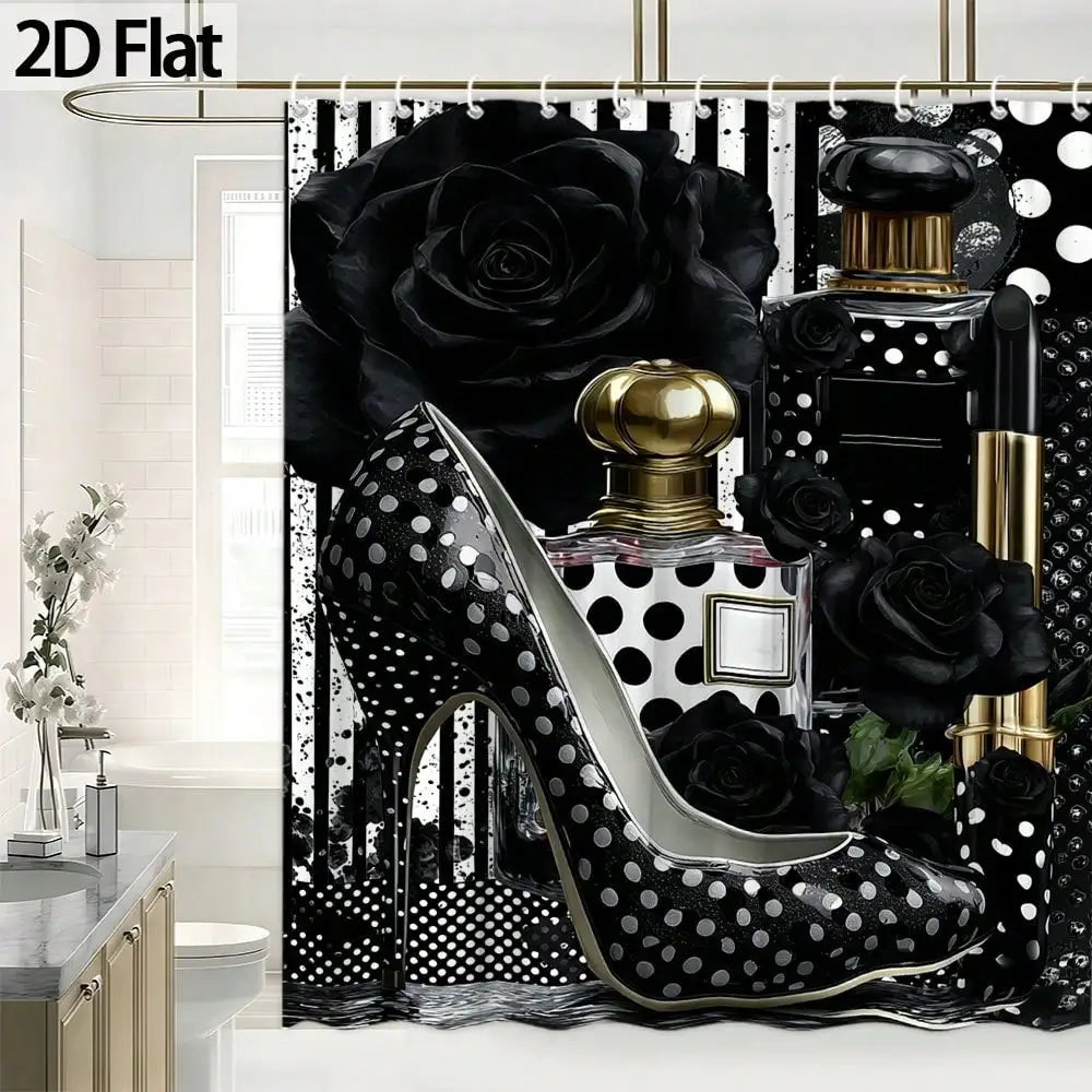 2D Flat, 1pc 2D Flat Shower Curtain with Rose Floral Pattern, Paired with Black and White Polka Dots and High Heels